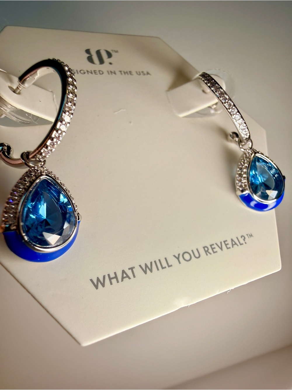 Bomb Party OG earrings - “I'm Yours, Sweetheart” blue enamel on Rhodium. NWT